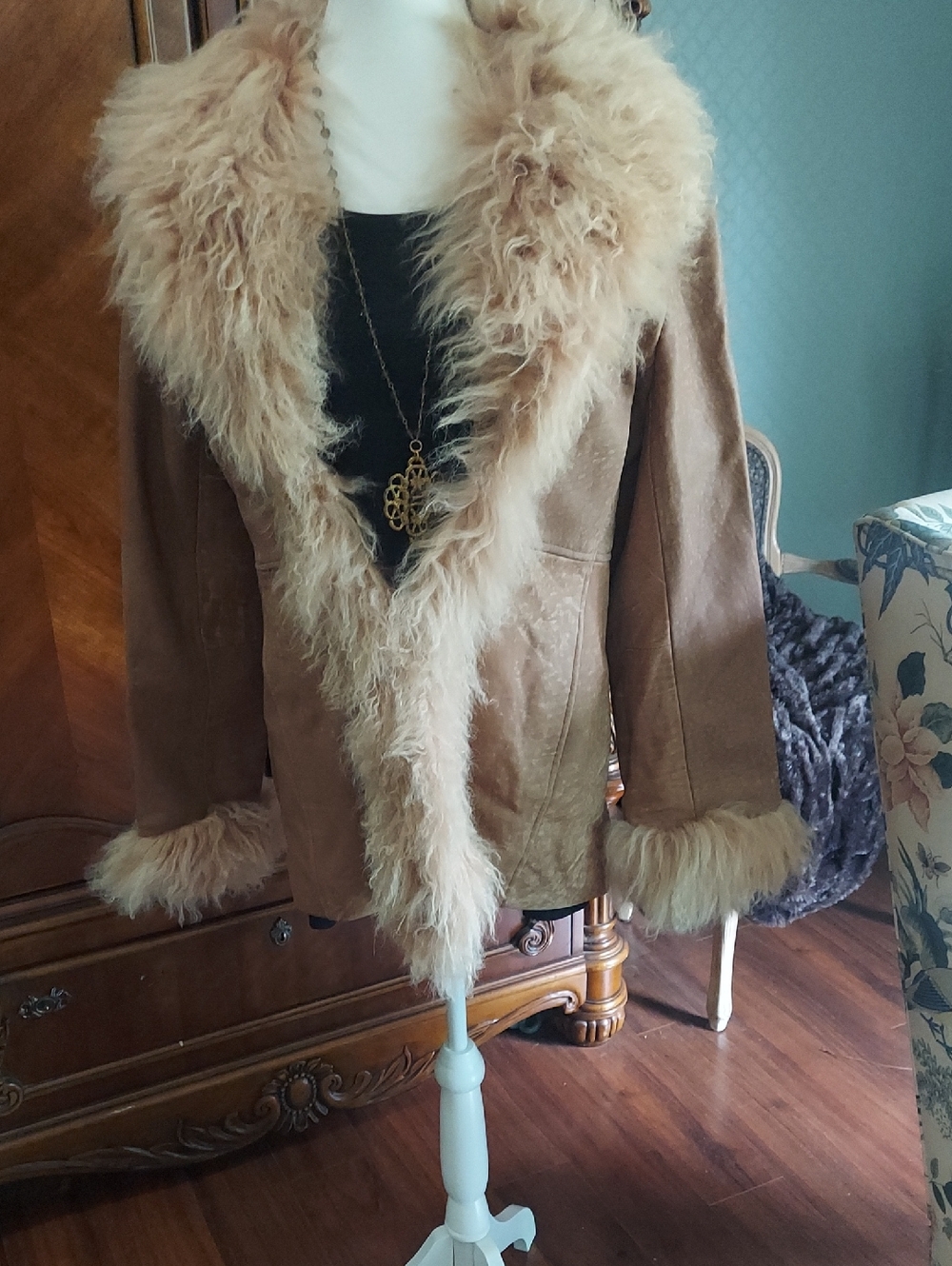 Women's Brown Faux Shearling Trim Coat - Plush Collar and Cuffs